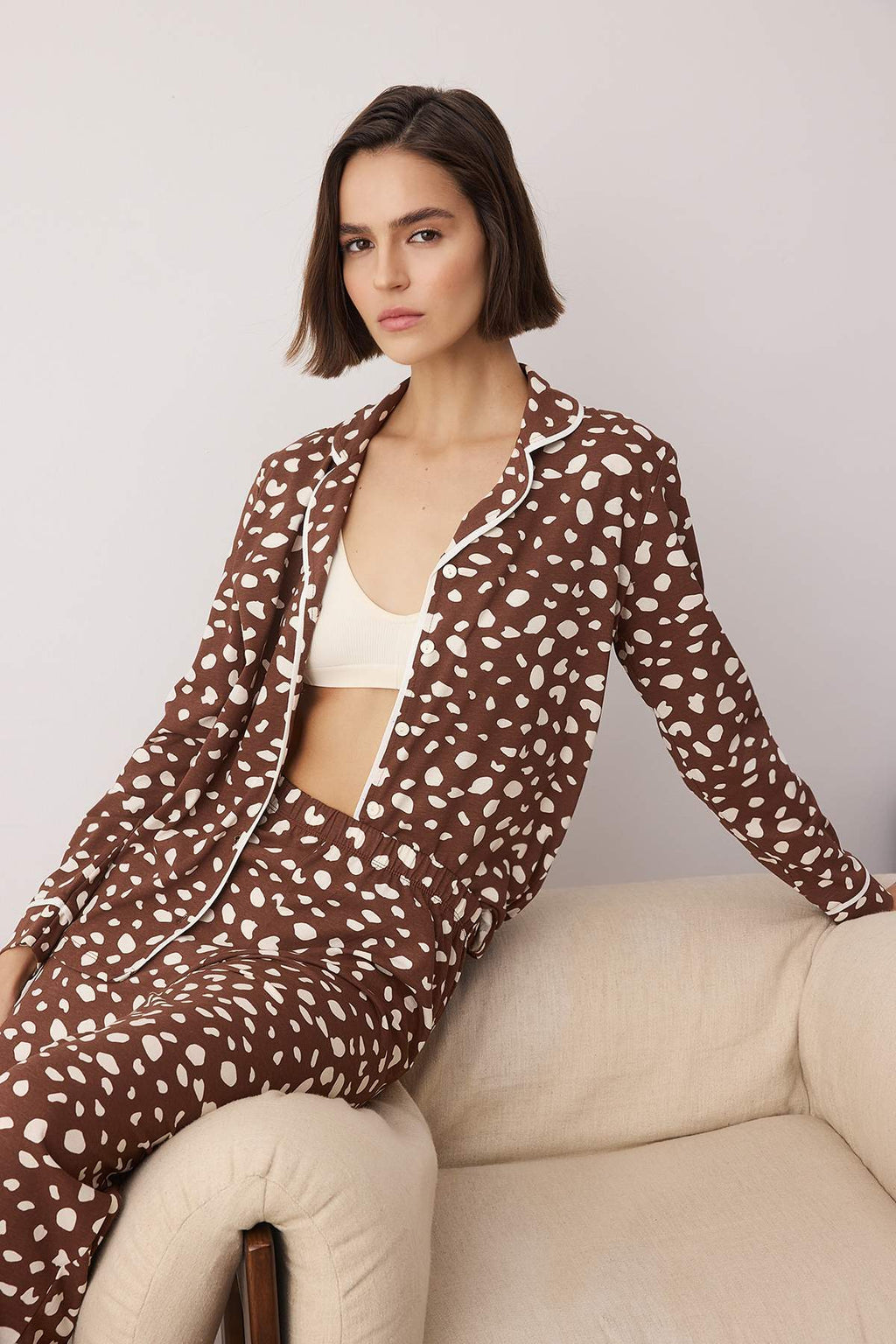 Trendyolmilla Pudra %100 Pamuklu Leopar Desenli Gömlek-Pantolon Örme Pijama Takımı THMAW21PT0489
