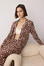 Trendyolmilla Pudra %100 Pamuklu Leopar Desenli Gömlek-Pantolon Örme Pijama Takımı THMAW21PT0489