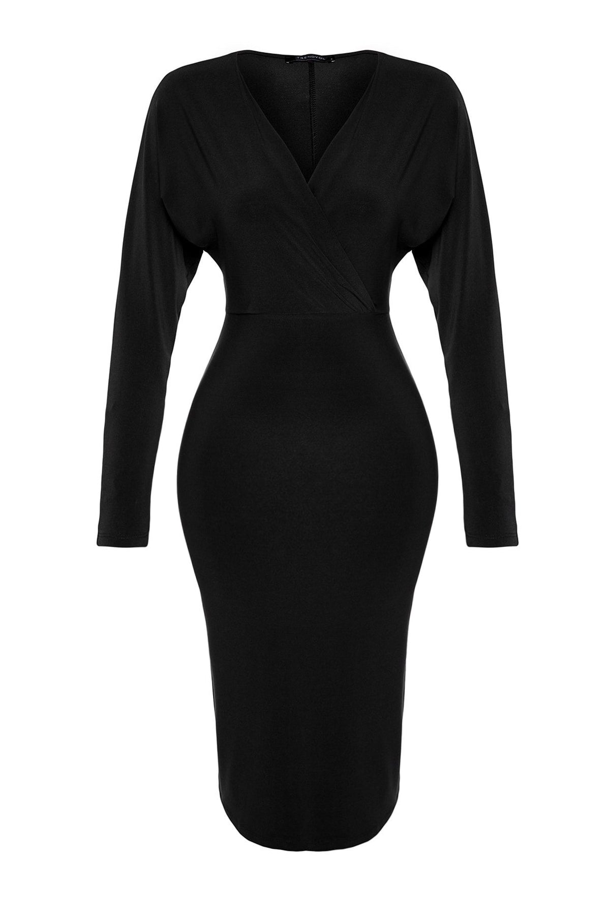Siyah Yarasa Kol Detaylı Fitted/Vücuda Oturan Esnek Midi Örme Elbise TWOAW24EL00198