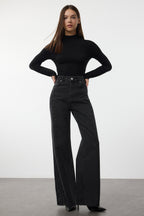 Siyah Taşlı Yüksek Bel Wide Leg Geniş Paça %100 Pamuk Non-Stretch Jeans TWOAW25JE00379