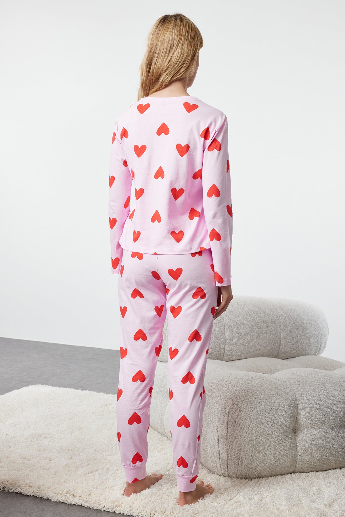 Trendyolmilla Kadın Mini Me/Anne Kız Pembe %100 Pamuklu Kalpli Örme Pijama Takımı THMAW21PT0566