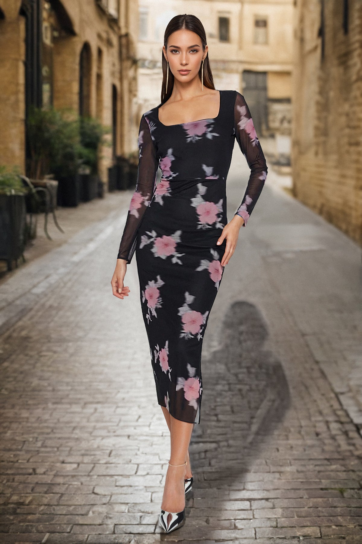 Trendyolmilla Lacivert Tül Çiçekli Vücuda Oturan Kare Yaka Uzun Kol Maxi Esnek Örme Kalem Elbise TWOAW24EL00291