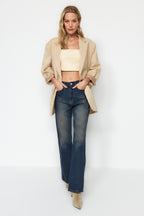 Koyu Mavi Yüksek Bel Geniş Paça Wide Leg Jeans %100 Pamuk Non-Stretch TWOAW24JE00313