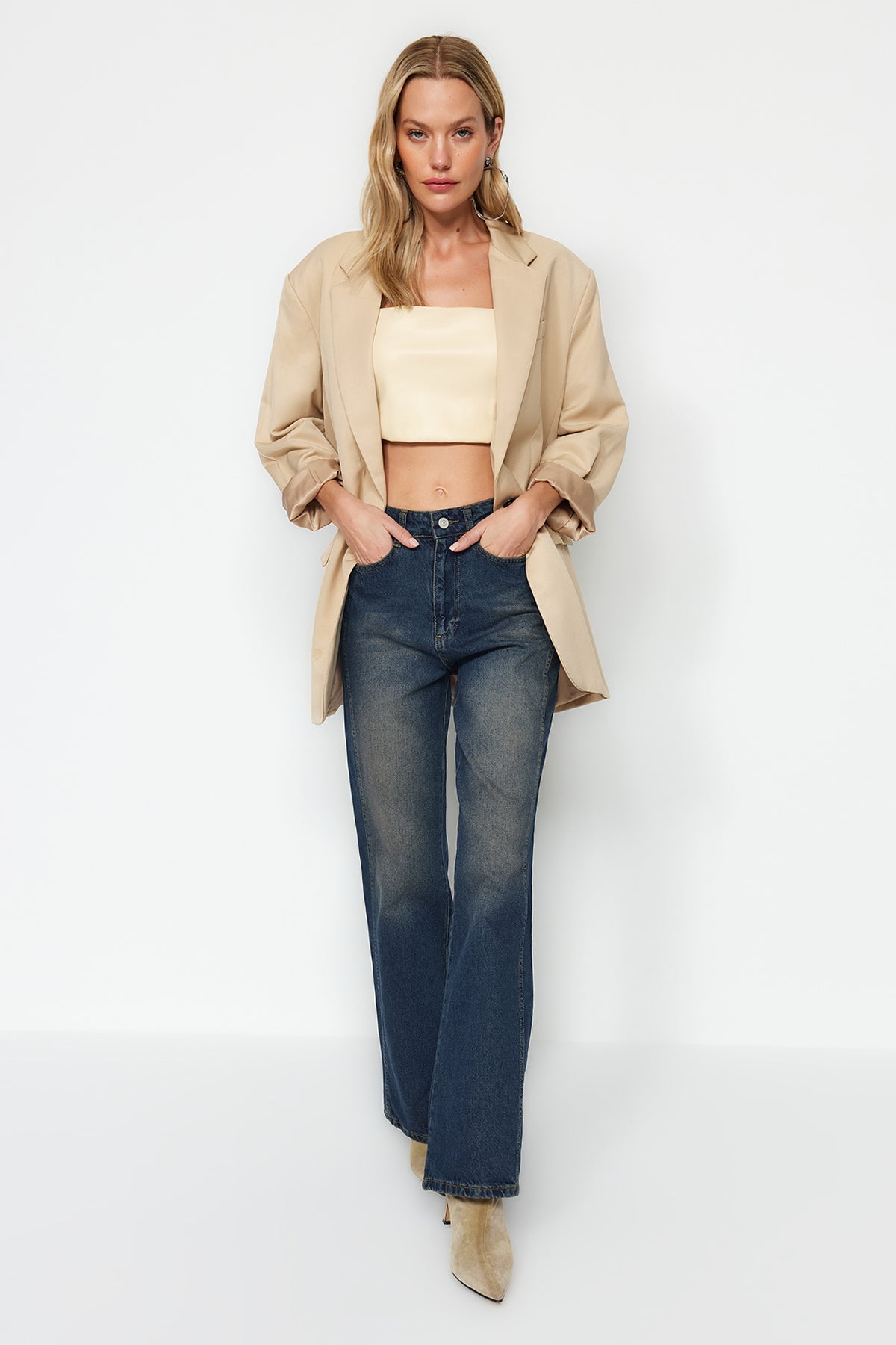 Koyu Mavi Yüksek Bel Geniş Paça Wide Leg Jeans %100 Pamuk Non-Stretch TWOAW24JE00313