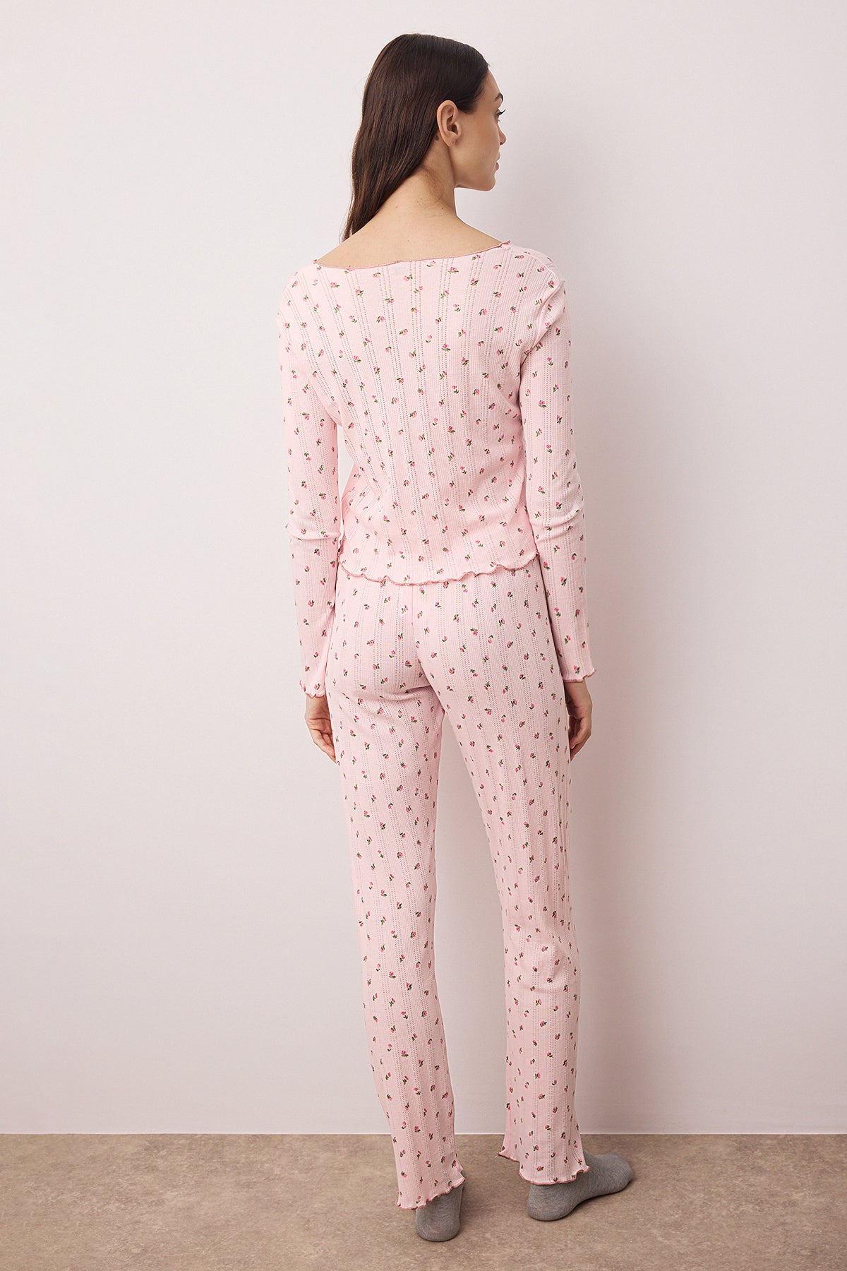 Trendyolmilla Ekru-Kahverengi %100 Pamuklu Ayıcıklı Kurdeleli Fitilli/Pointel Örme Pijama Takımı THMAW26PT00070