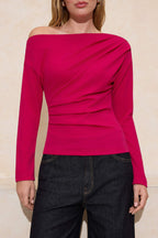 Trendyolmilla Kırmızı Büzgü/Drape Detaylı Dökümlü Asimetrik Yaka Örme Bluz TWOAW26BZ00138