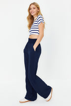 Trendyolmilla Lacivert Wide Leg/Geniş Paça Beli Lastikli Dokuma Pantolon TWOSS22PL00024