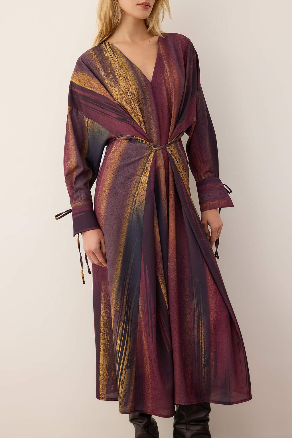 Vücut Seçmeyen Mürdüm Soyut Maxi Dokuma Elbise TWOAW26EL00244