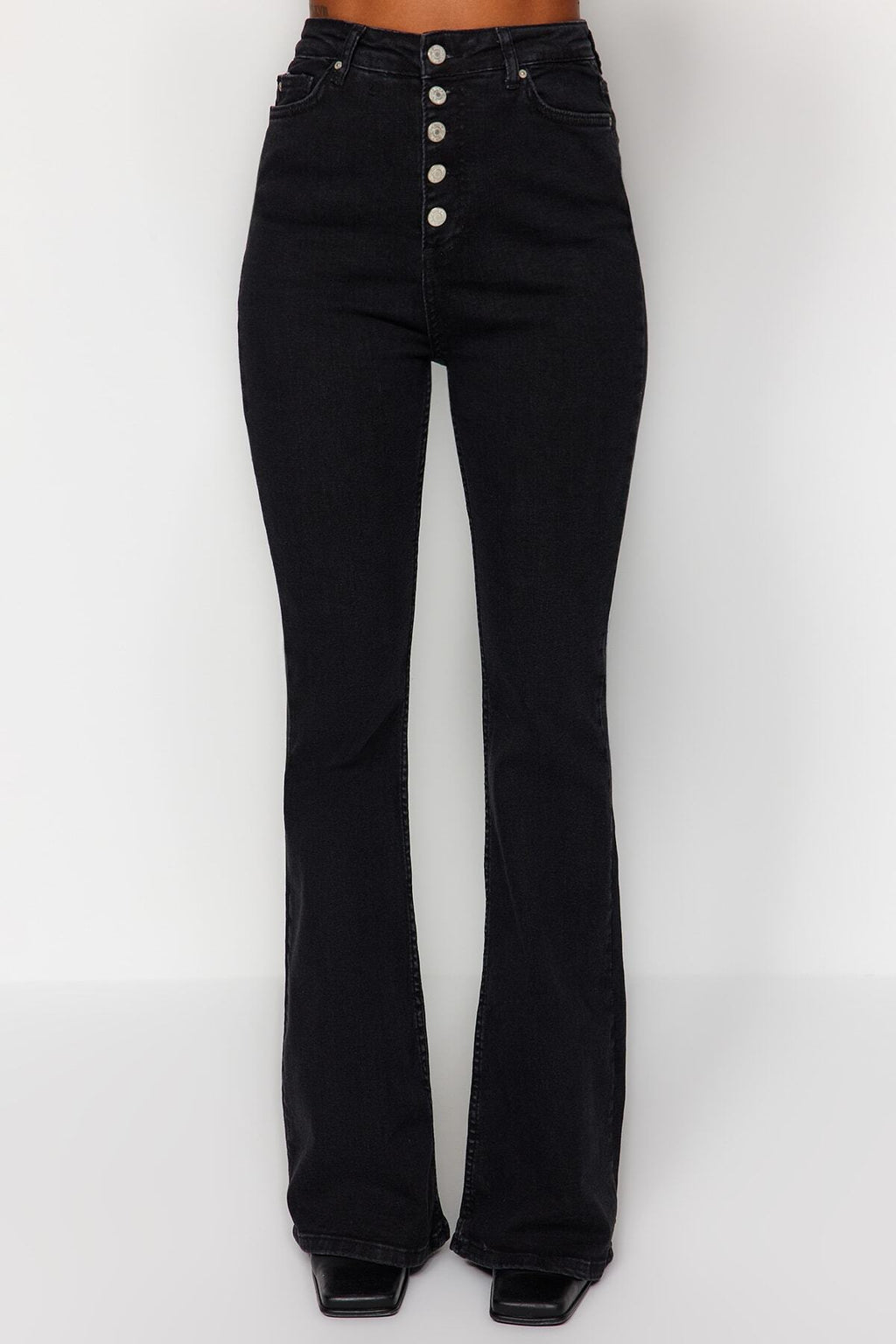 Trendyolmilla Mavi Önden Düğmeli Yüksek Bel Orta Esnek İspanyol Paça Flare Comfort/Esnek Jeans TWOSS20JE0111