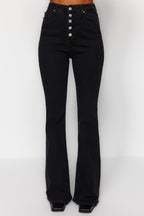Trendyolmilla Mavi Önden Düğmeli Yüksek Bel Orta Esnek İspanyol Paça Flare Comfort/Esnek Jeans TWOSS20JE0111