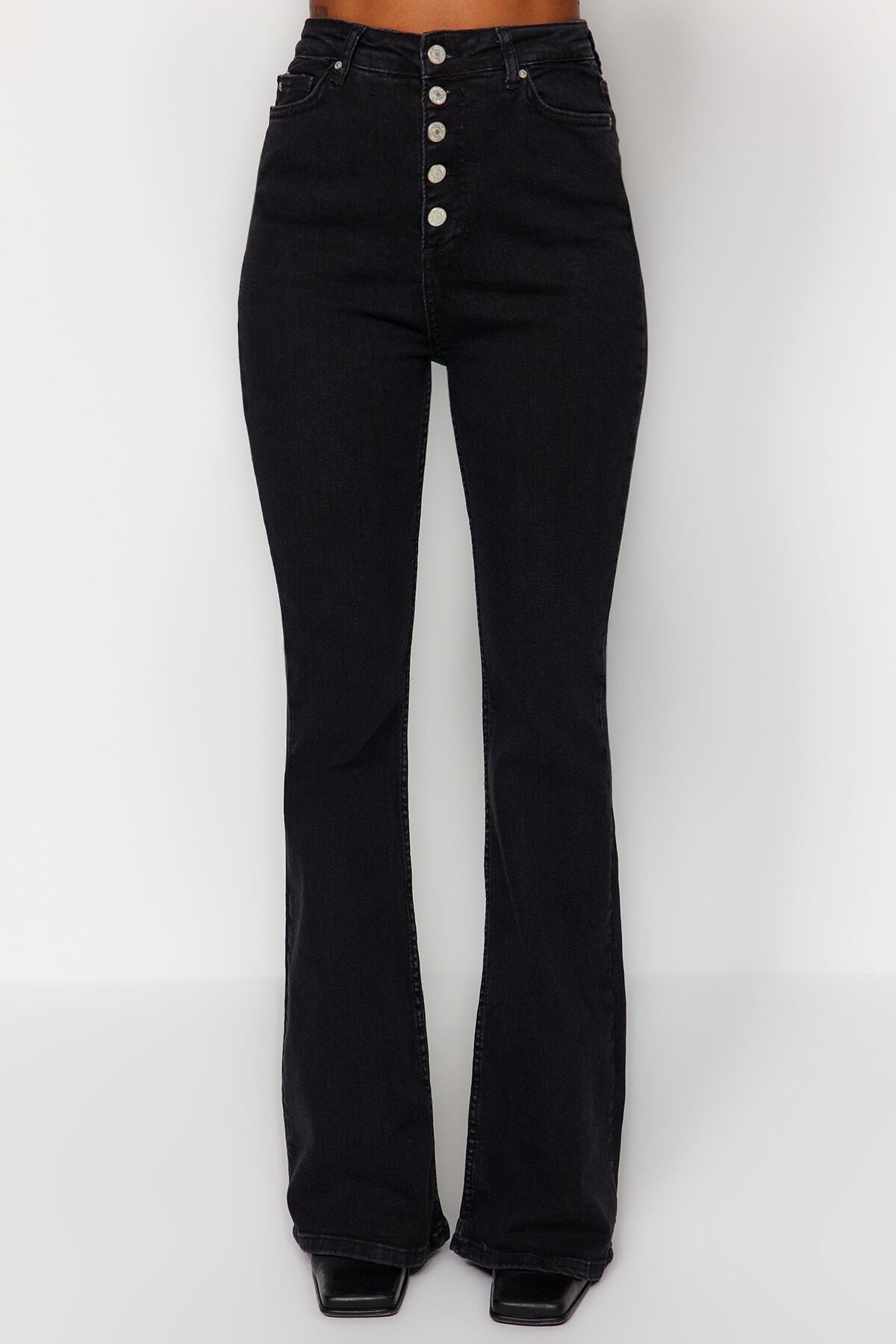 Trendyolmilla Mavi Önden Düğmeli Yüksek Bel Orta Esnek İspanyol Paça Flare Comfort/Esnek Jeans TWOSS20JE0111