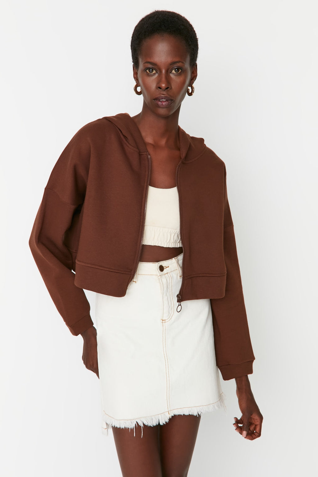 Trendyolmilla Petrol Fermuarlı Kapüşonlu Rahat Kesim Crop Kalın İçi Polarlı Örme Sweatshirt TWOAW20SW0660