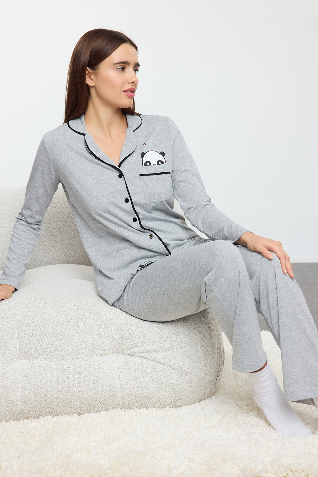 Trendyolmilla Siyah Pamuklu Panda Baskılı Gömlek-Pantolon Örme Pijama Takımı THMAW21PT0245