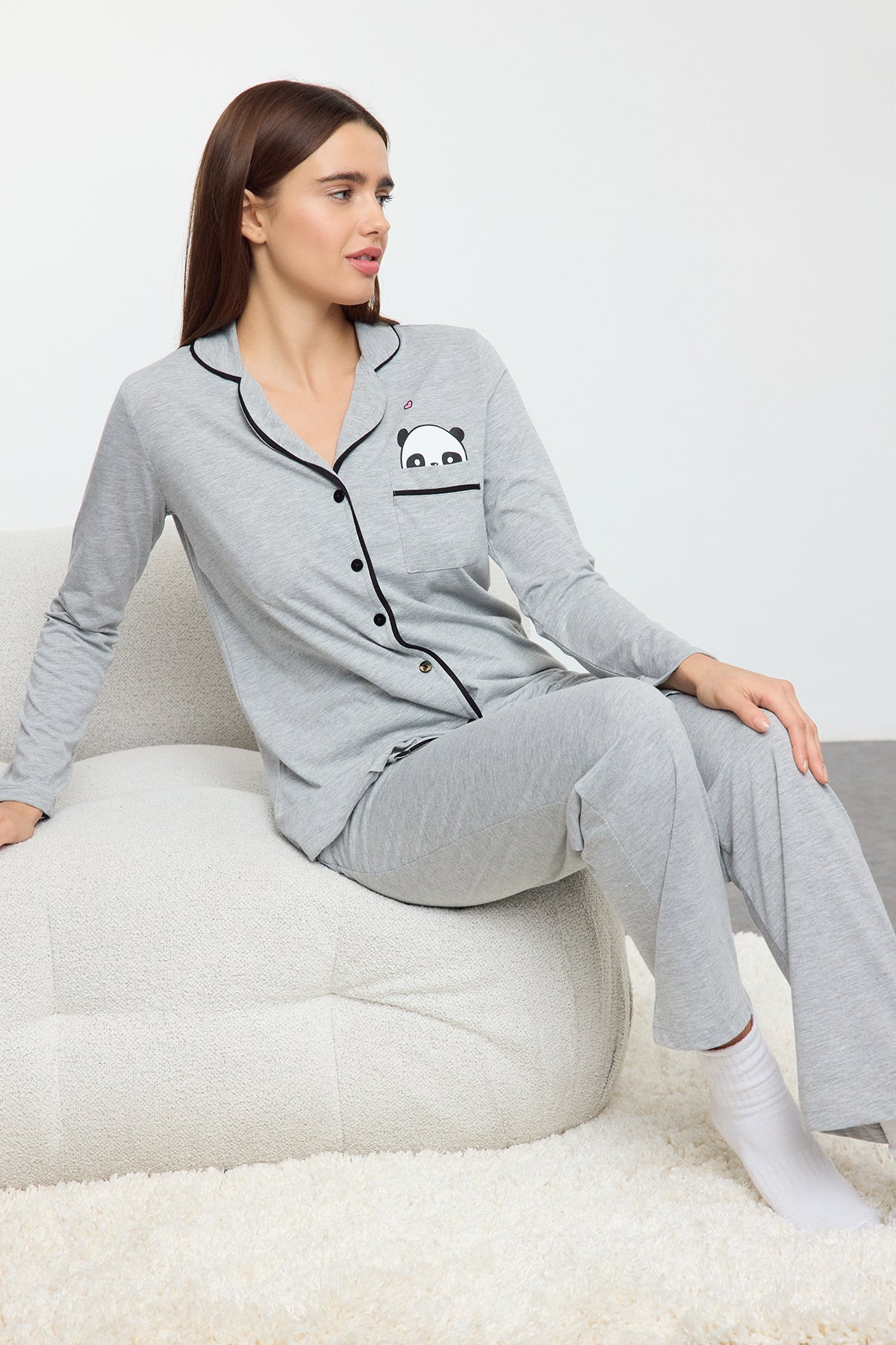 Trendyolmilla Siyah Pamuklu Panda Baskılı Gömlek-Pantolon Örme Pijama Takımı THMAW21PT0245