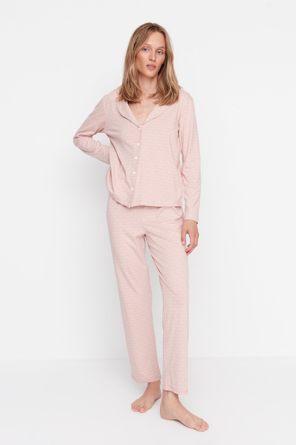 Pudra %100 Pamuklu Baskılı Örme Pijama Takımı THMAW20PT0265