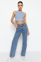 Trendyolmilla Koyu Mavi Bel Detaylı Yüksek Bel Wide Leg Jeans TWOSS21JE0385