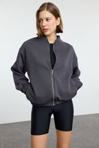 Trendyolmilla Teen Koyu Bordo Fermuarlı Oversize/Geniş Kalıp Kalın İçi Polarlı Örme Sweatshirt TWOAW25SW00122