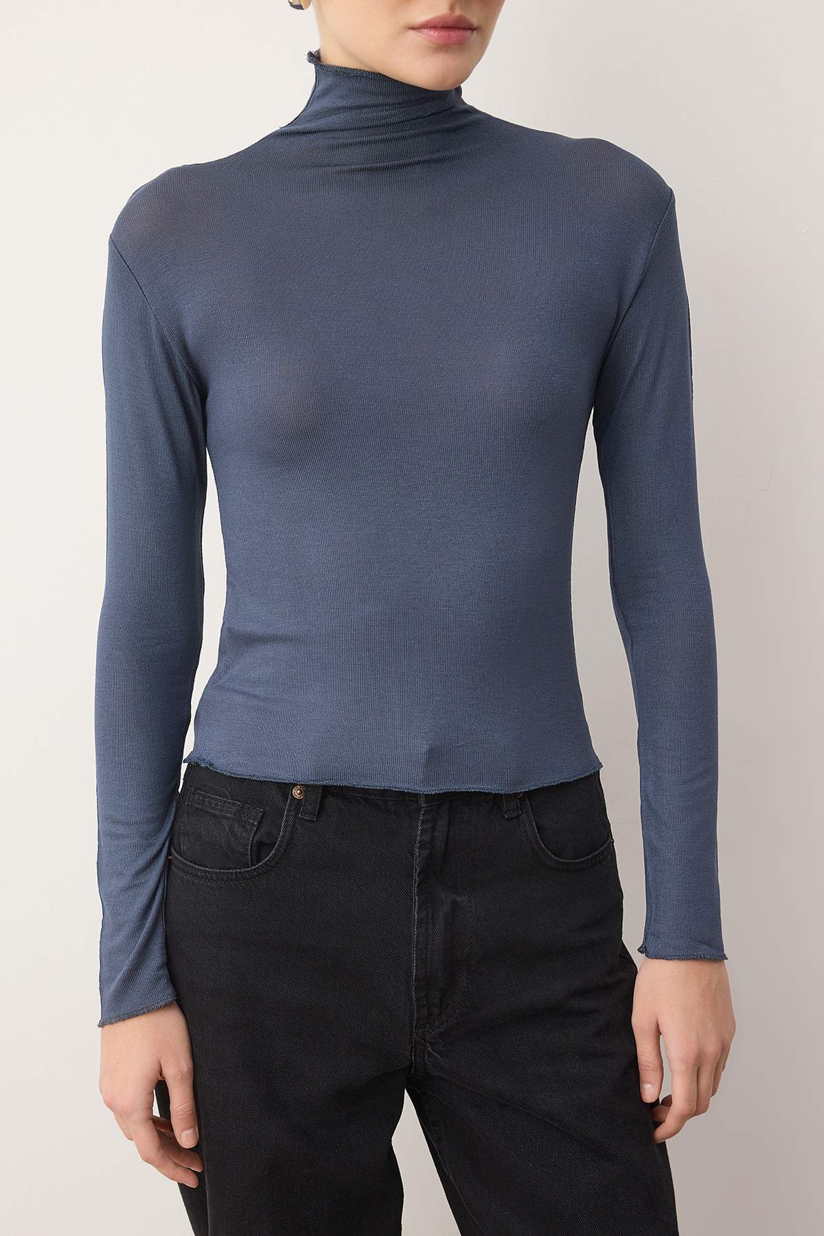 Trendyolmilla Gri Melanj Transparan Dik Yaka Esnek Normal Boy Örme Bluz TWOAW26BZ00266