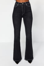 Siyah Kontrast Dikişli Yüksek Bel Orta Esnek Flare İspanyol Jeans TWOSS22JE0460