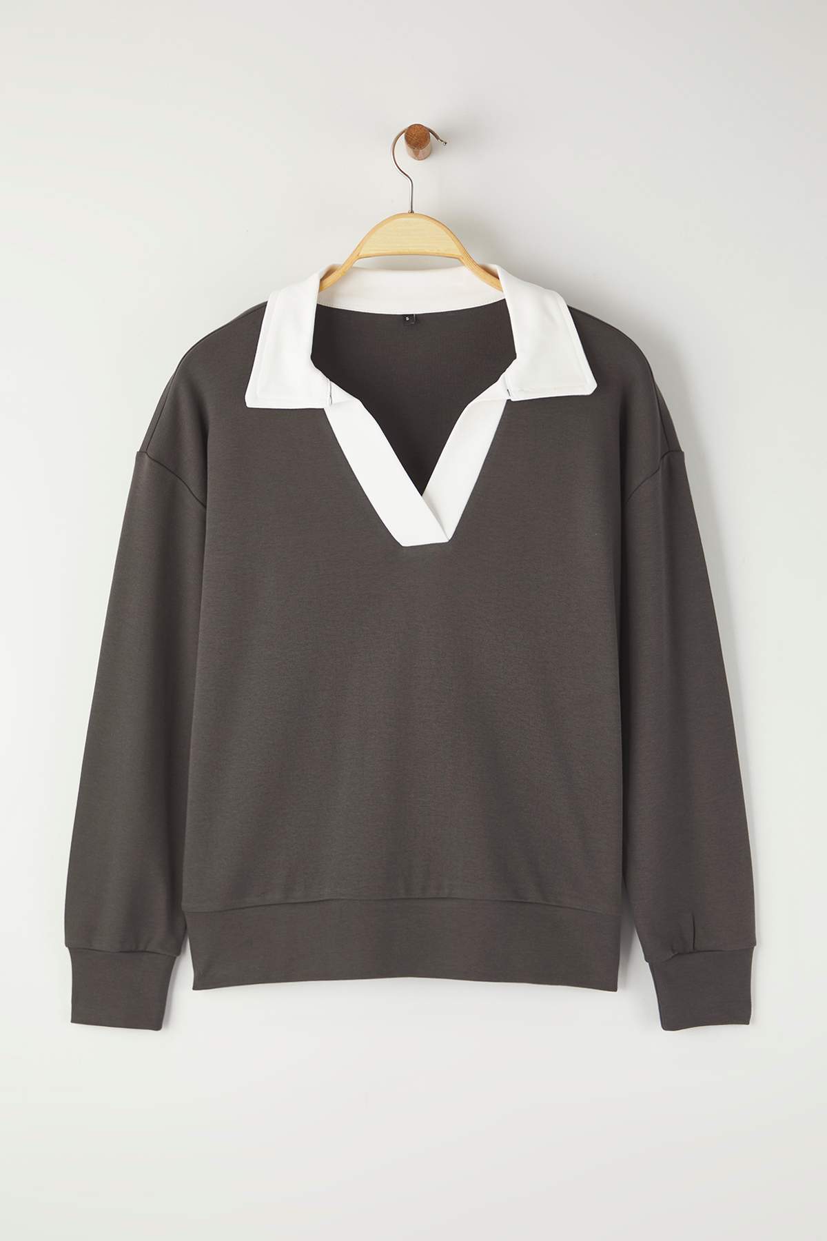 Trendyolmilla Ekru Renk Bloklu Polo Yaka Relaxed/Rahat Kalıp Örme Sweatshirt TWOAW26SW00043