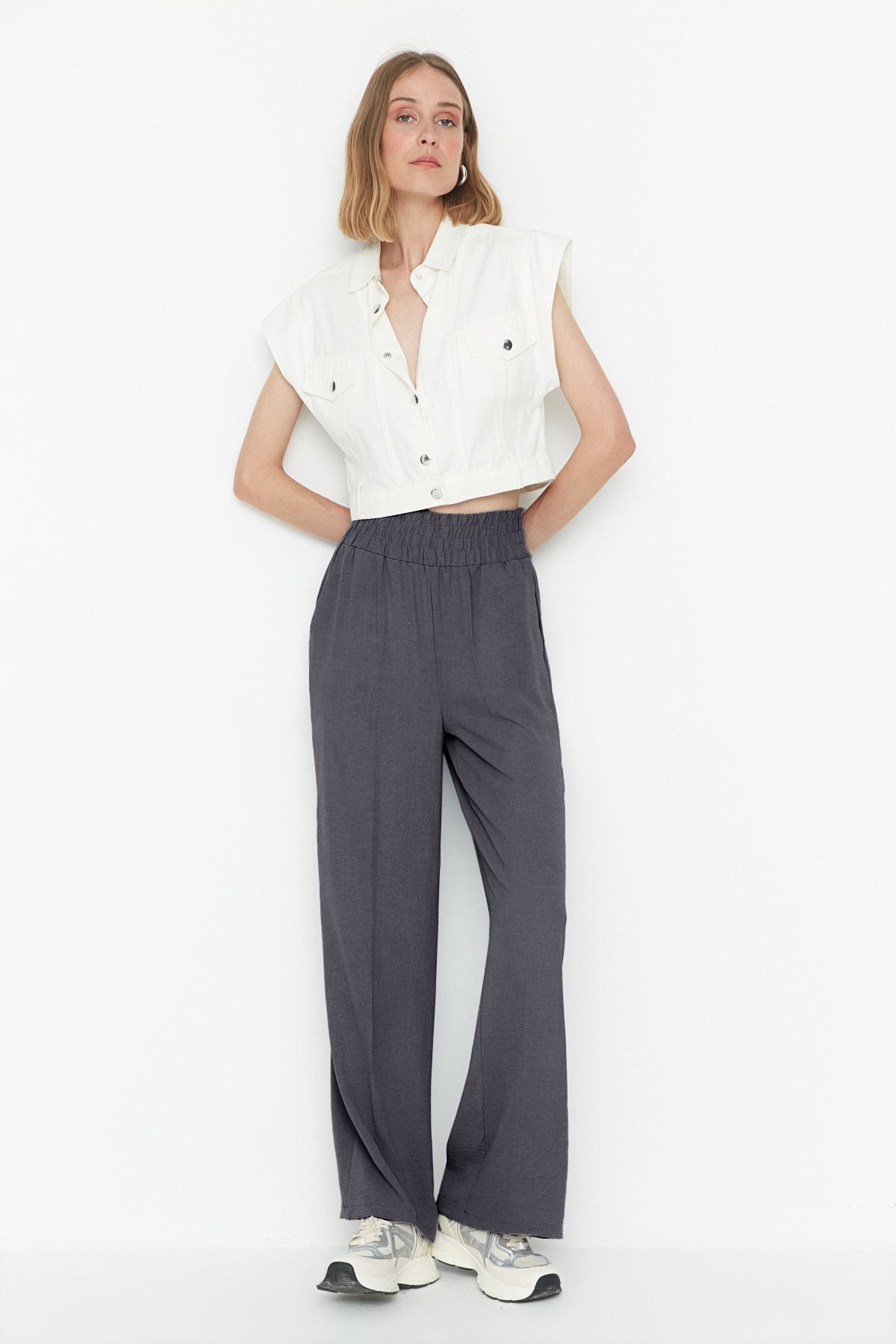 Trendyolmilla Lacivert Wide Leg/Geniş Paça Beli Lastikli Dokuma Pantolon TWOSS22PL00024