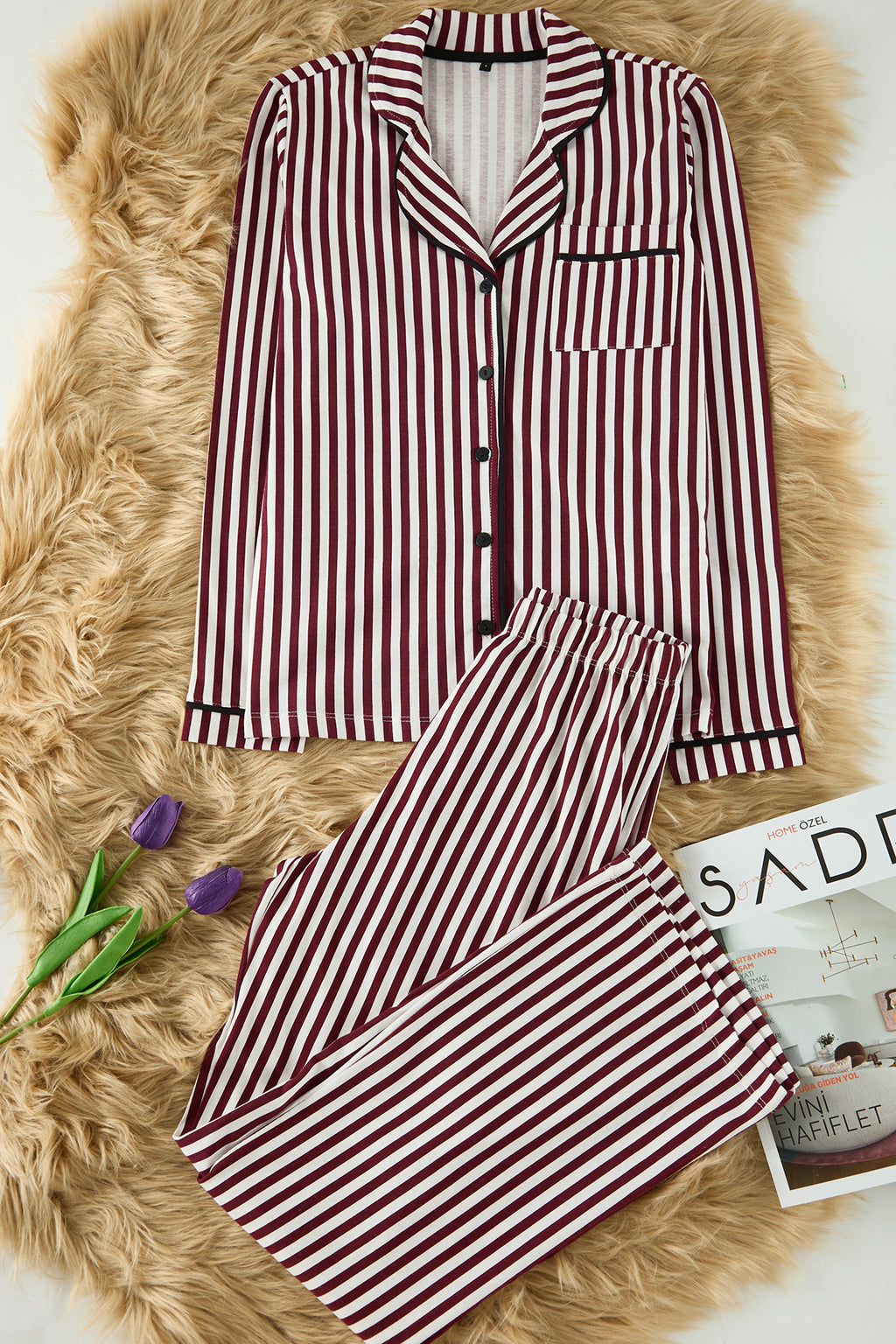 Trendyolmilla Pudra %100 Pamuklu Çizgili Biye Detaylı Örme Pijama Takımı THMAW21PT0614