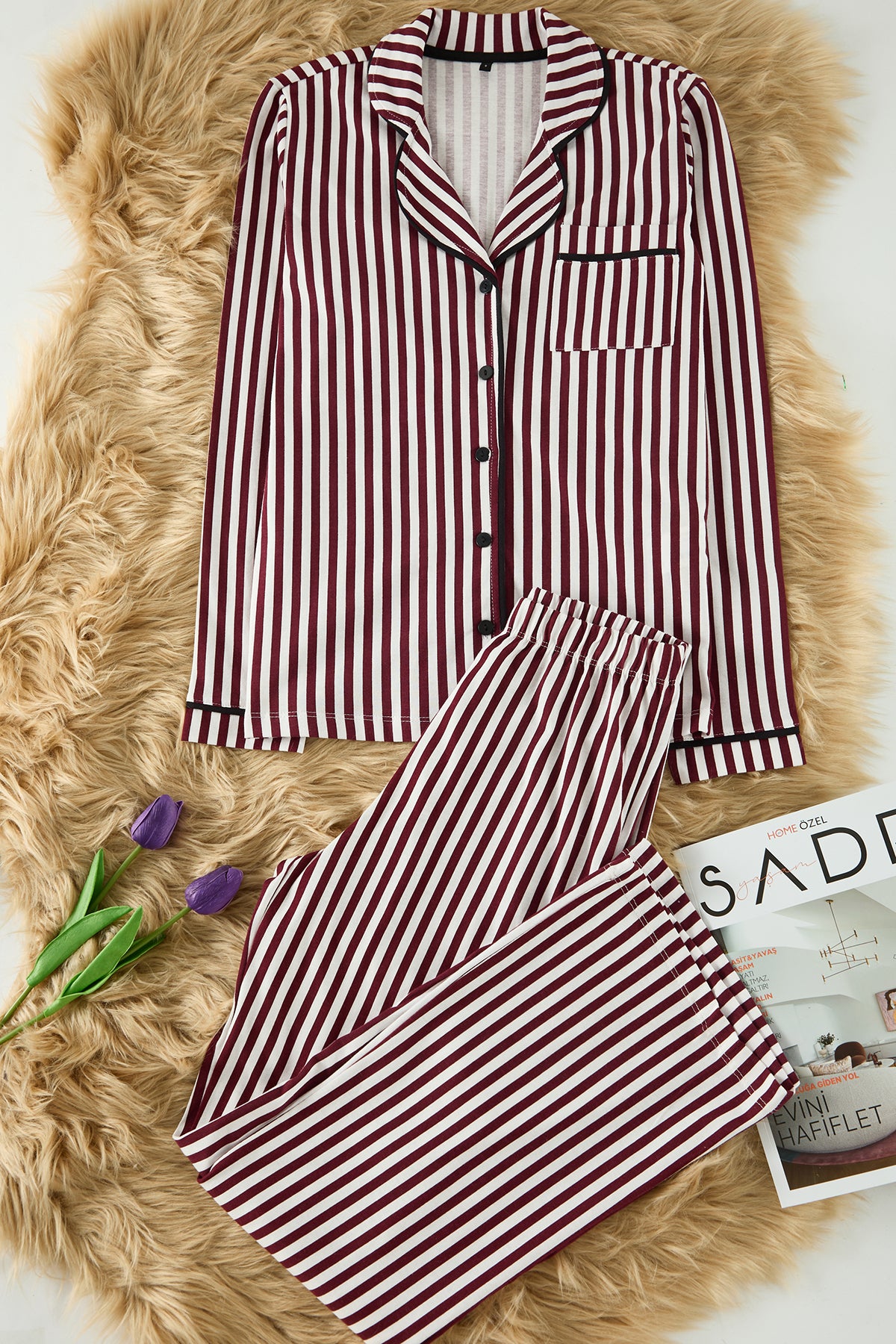 Trendyolmilla Pudra %100 Pamuklu Çizgili Biye Detaylı Örme Pijama Takımı THMAW21PT0614