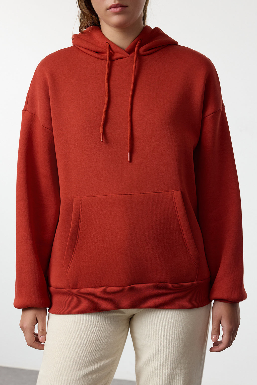 Trendyolmilla Kiremit Kalın İçi Polarlı Oversize/Geniş Kalıp Kapüşonlu Basic Örme Sweatshirt TWOAW24SW00103