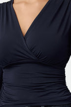 Trendyolmilla Lacivert Kruvaze Büzgü/Drape Detaylı Uzun Kollu Esnek Örme Bluz TWOAW25BZ00021