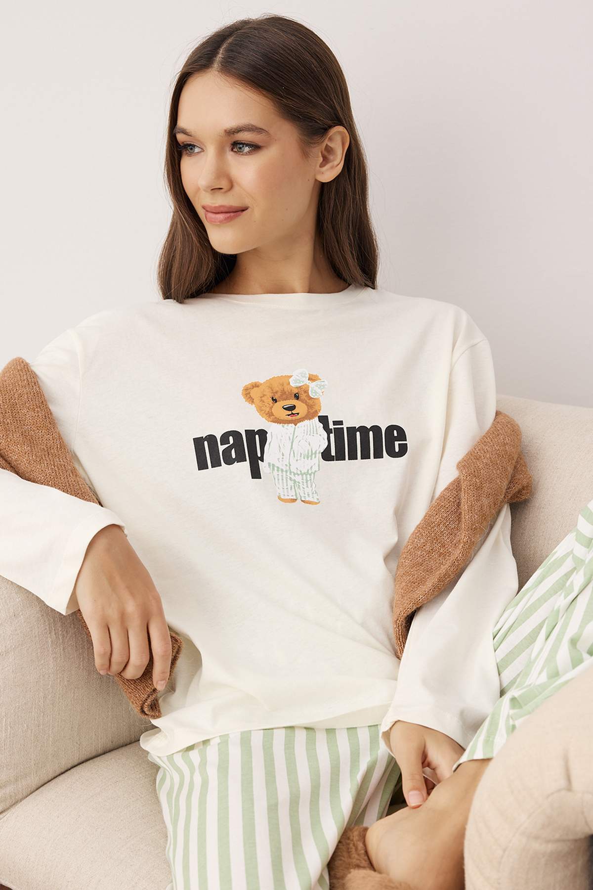 Trendyolmilla Mint %100 Pamuklu Çizgili Ayıcıklı Örme Pijama Takımı THMAW25PT00171 Main image