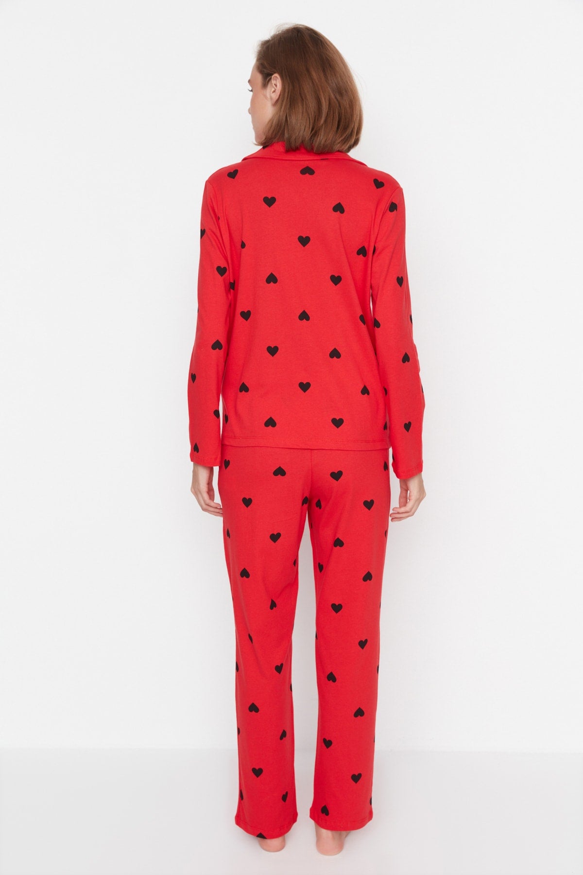 Trendyolmilla Kırmızı %100 Pamuklu Kalpli Örme Pijama Takımı THMAW21PT0548