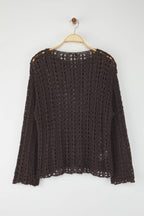 Kahverengi Özel İplik Ajurlu/Delikli Kayık Yaka Triko Kazak TWOAW26KZ00193