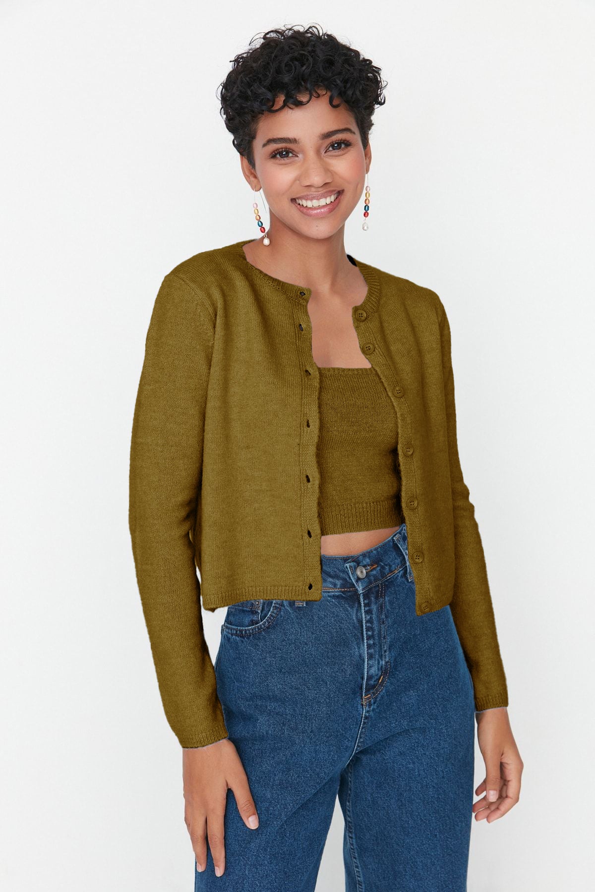Trendyolmilla Antrasit Crop Yumuşak Dokulu 2'li Bluz-Hırka Triko Takım TWOAW21HI0107