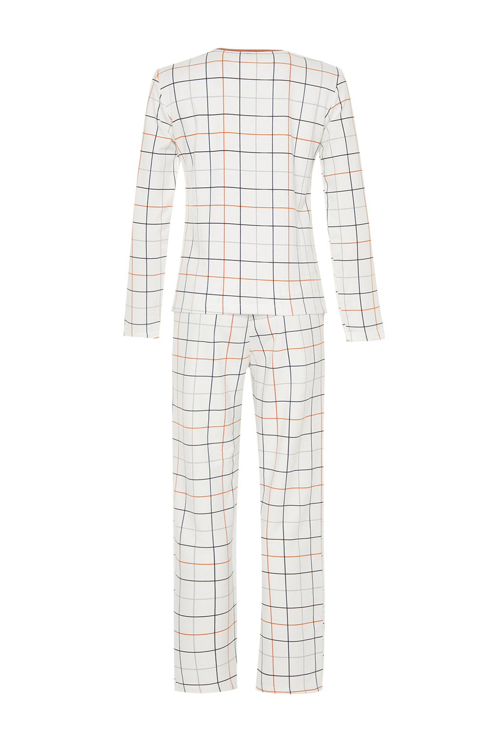 Beyaz %100 Pamuklu Ekoseli Tshirt-Pantolon Örme Pijama Takımı THMAW24PT00235