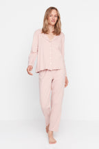 Pudra %100 Pamuklu Baskılı Örme Pijama Takımı THMAW20PT0265