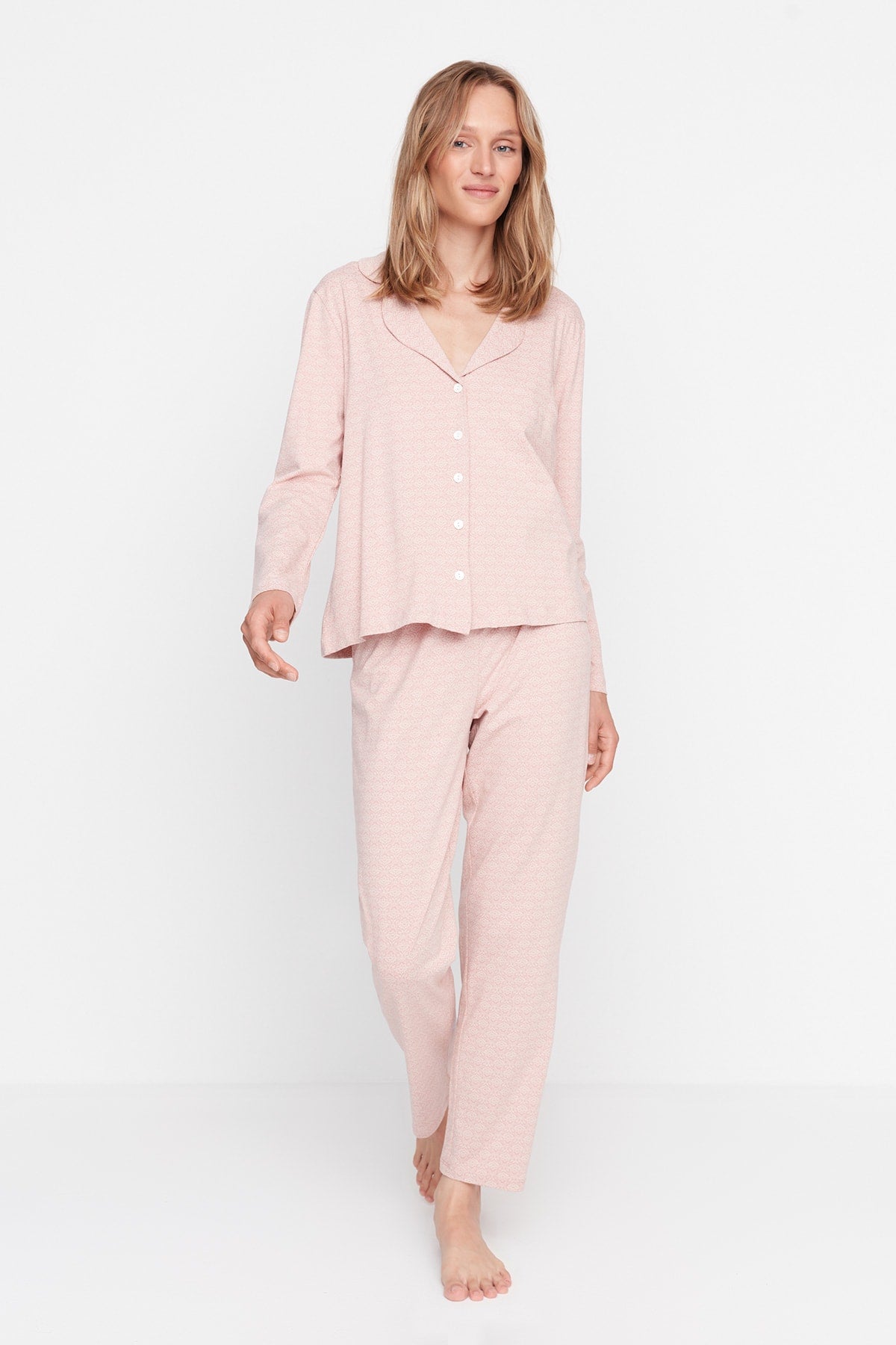 Pudra %100 Pamuklu Baskılı Örme Pijama Takımı THMAW20PT0265