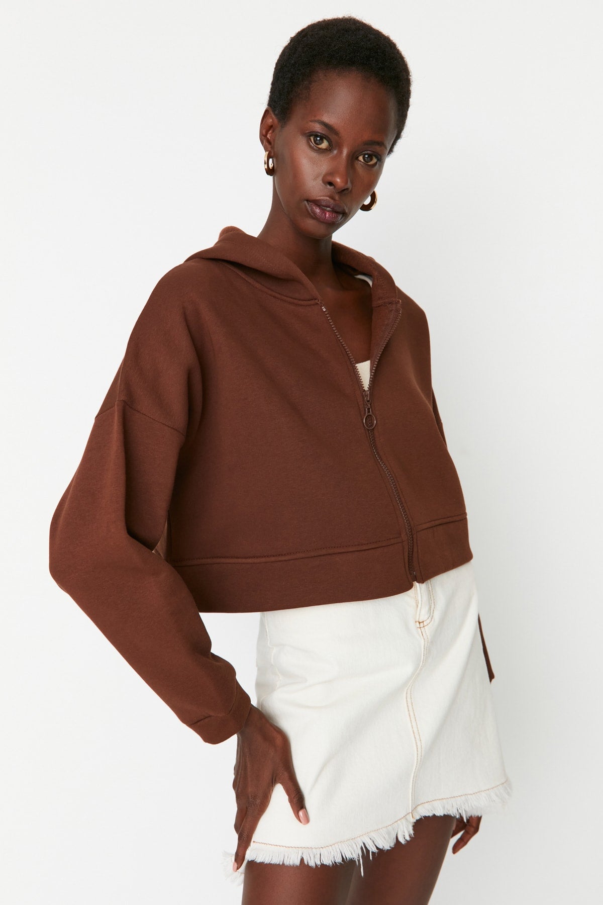 Trendyolmilla Petrol Fermuarlı Kapüşonlu Rahat Kesim Crop Kalın İçi Polarlı Örme Sweatshirt TWOAW20SW0660