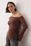 Trendyolmilla Kahverengi Açık Omuzlu Asimetrik Fitted/Vüdua Otuan İspanyol Kol Örme Bluz TWOAW26BZ00328