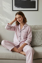 Trendyolmilla Pudra %100 Pamuklu Çizgili Biye Detaylı Örme Pijama Takımı THMAW21PT0614
