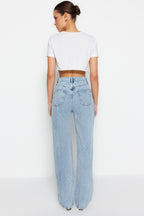 Trendyolmilla Koyu Mavi Bel Detaylı Yüksek Bel Wide Leg Jeans TWOSS21JE0385