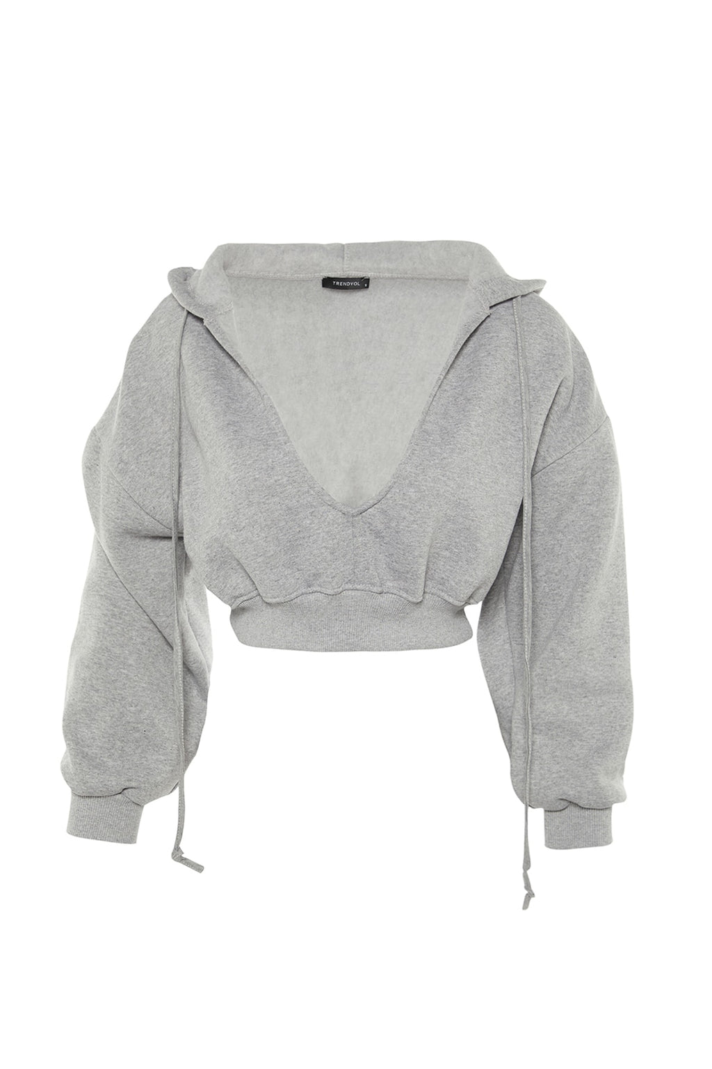 Trendyolmilla Siyah Kalın İçi Polarlı Kapüşonlu V Yaka Rahat Kesim Crop Örme Sweatshirt TWOAW23SW00096