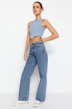 Trendyolmilla Koyu Mavi Bel Detaylı Yüksek Bel Wide Leg Jeans TWOSS21JE0385