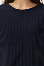Lacivert Slogan Baskılı Lastik Detaylı Fitilli T-shirt-Pantolon Örme Pijama THMSS21PT1016