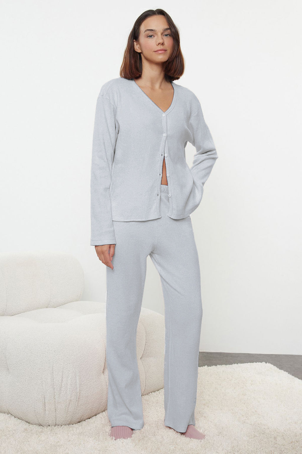 Trendyolmilla Pembe Fırçalı Soft Fitilli Hırka Örme Pijama Takımı THMAW25PT00074