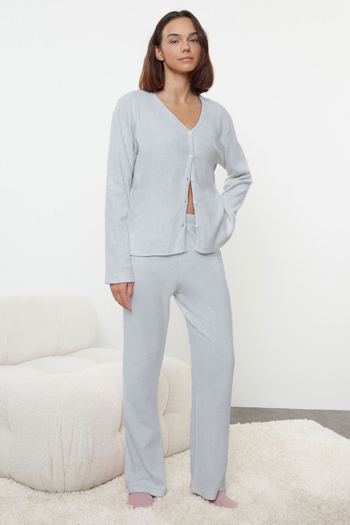 Trendyolmilla Pembe Fırçalı Soft Fitilli Hırka Örme Pijama Takımı THMAW25PT00074