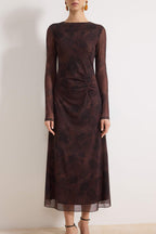 Trendyolmilla Kahverengi Baskılı Büzgü / Drape Maxi Örme Elbise TWOAW25EL00408