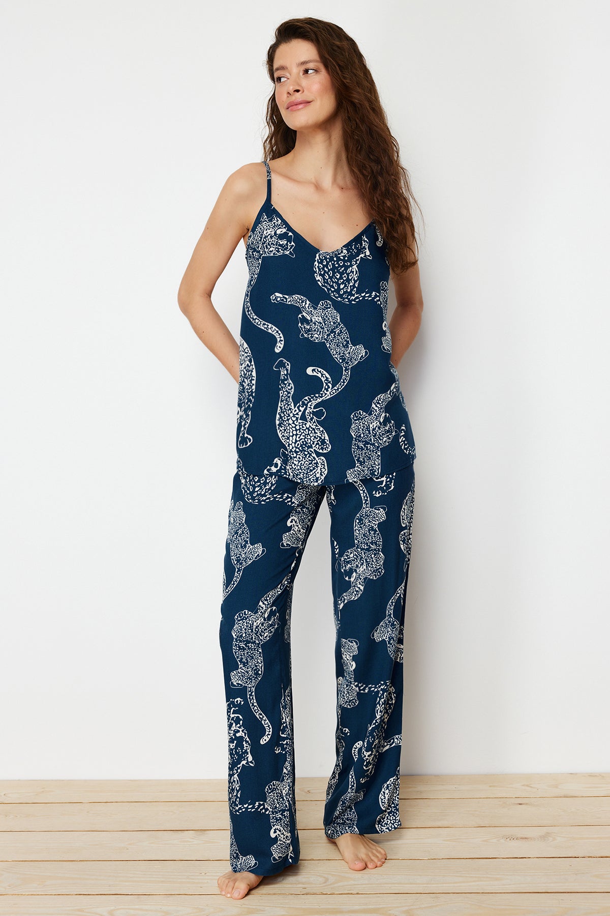 Trendyolmilla Lacivert Kaplan Desenli İp Askılı Viskon Dokuma Pijama Takımı THMSS24PT00127 Main image