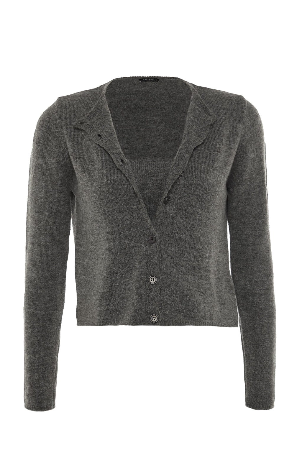 Trendyolmilla Antrasit Crop Yumuşak Dokulu 2'li Bluz-Hırka Triko Takım TWOAW21HI0107