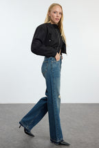 Koyu Mavi Yırtıklı Normal Bel Wide Leg Geniş Paça %100 Pamuk Non-Stretch Jeans TWOAW25JE00203
