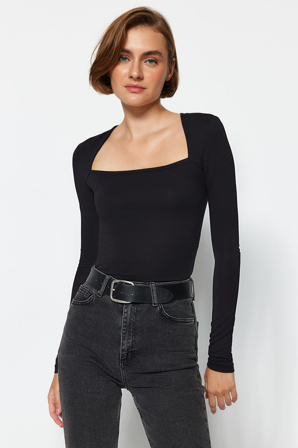 Siyah Pamuklu Esnek Kare Yaka Fitted/Vücuda Oturan Esnek Bluz TWOAW24BZ00165